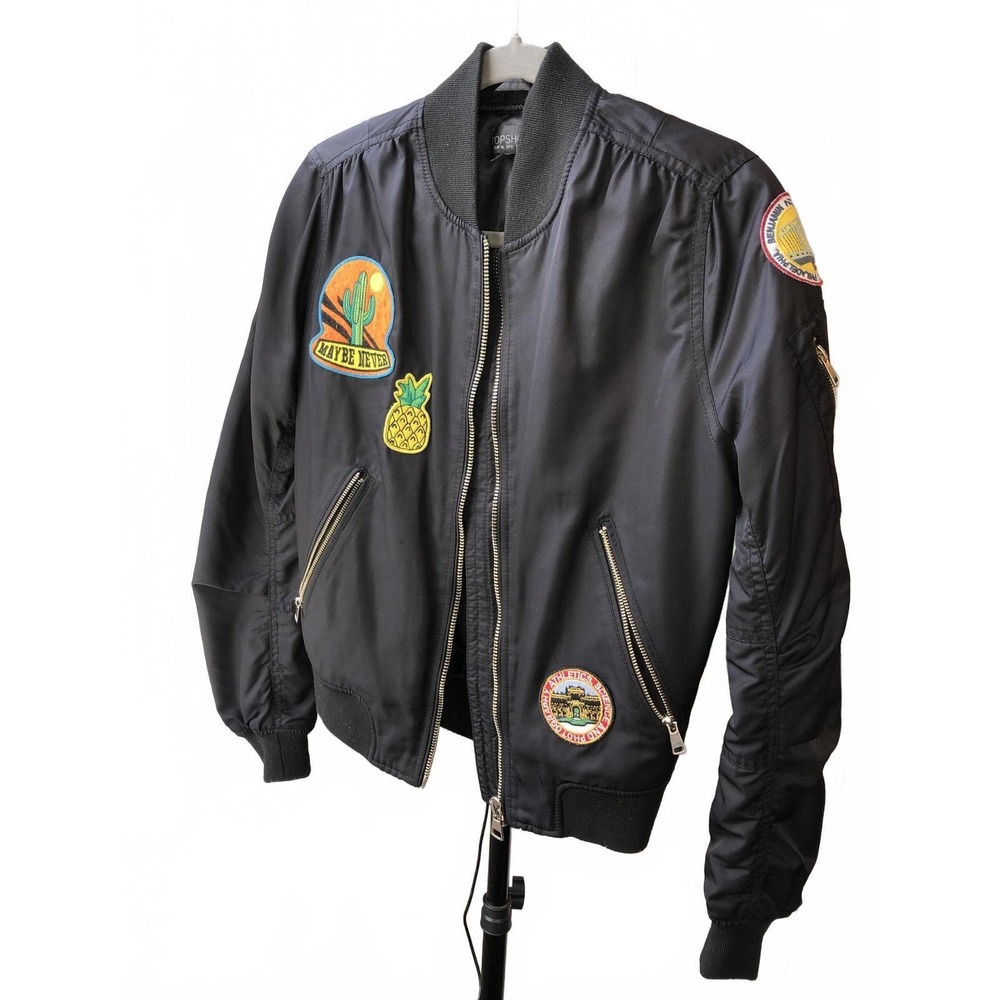 TOPSHOP Stylish Black Bomber Jacket with Patches Size 4